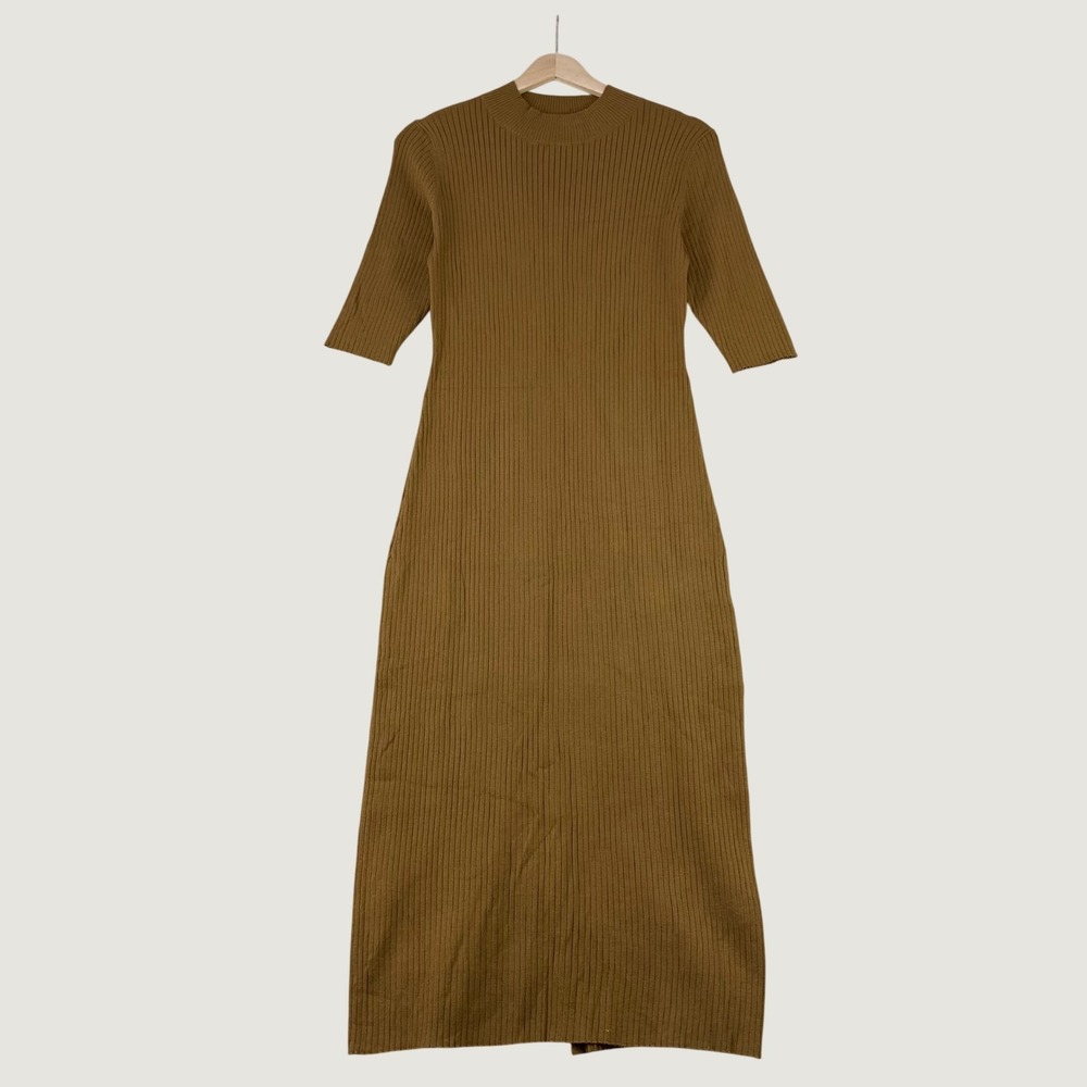 Fashion Nova Maxi Dress Women 2X Brown Ribbed Knit Short Sleeve Split